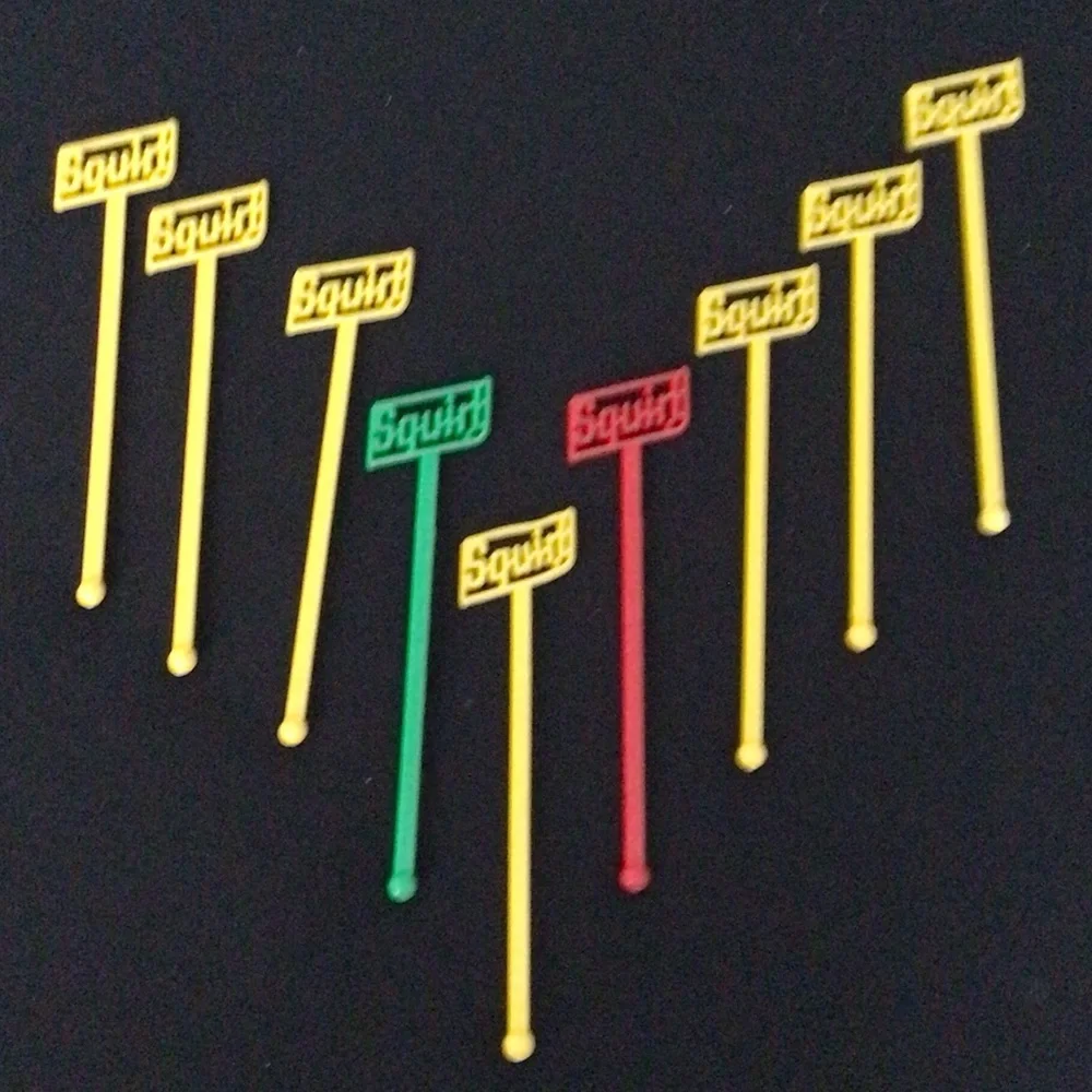 Vintage Squirt Swizzle Stick Drink Stirrers, Set of 9 Yellow, Green, Red